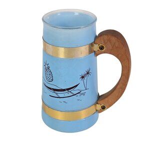 Siesta Ware Tiki Mug Blue Tropical Glass Mug Cup Wooden Handle Bar Vintage 50s